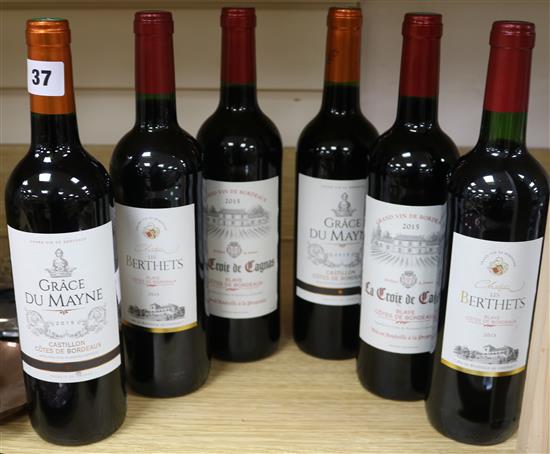 Six bottles of assorted claret